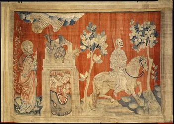 Die Öffnung des vierten Siegels, den Tod auf dem fahlen Pferd darstellend, Nr. 12 aus „Die Apokalypse von Angers“, 1373-87
